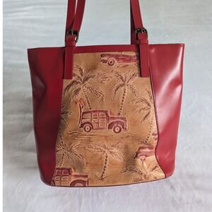 Capaccioli Made in Italy Red Tan Tooled Leather Shoulder Bag Tote Purse Medium